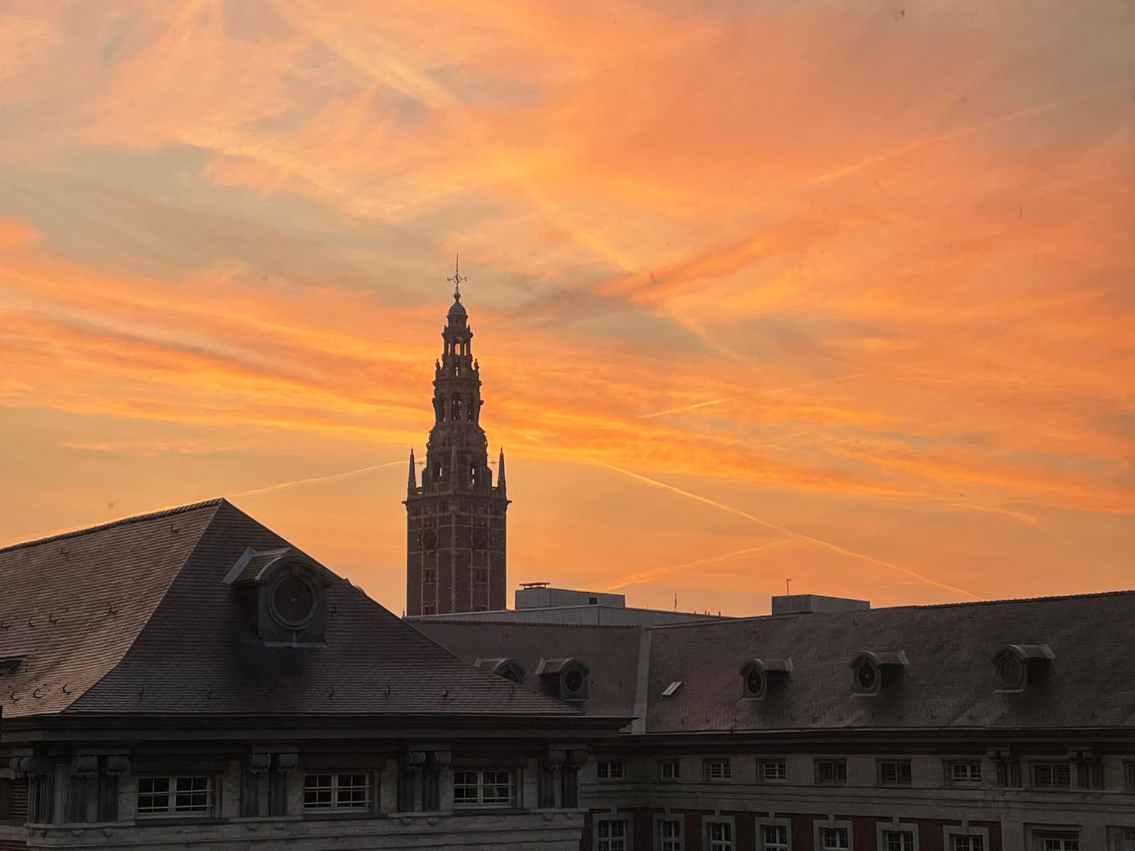 Gothic clock tower of the Leuven university library in silhouette against an orange sunset, rooftops in the foreground