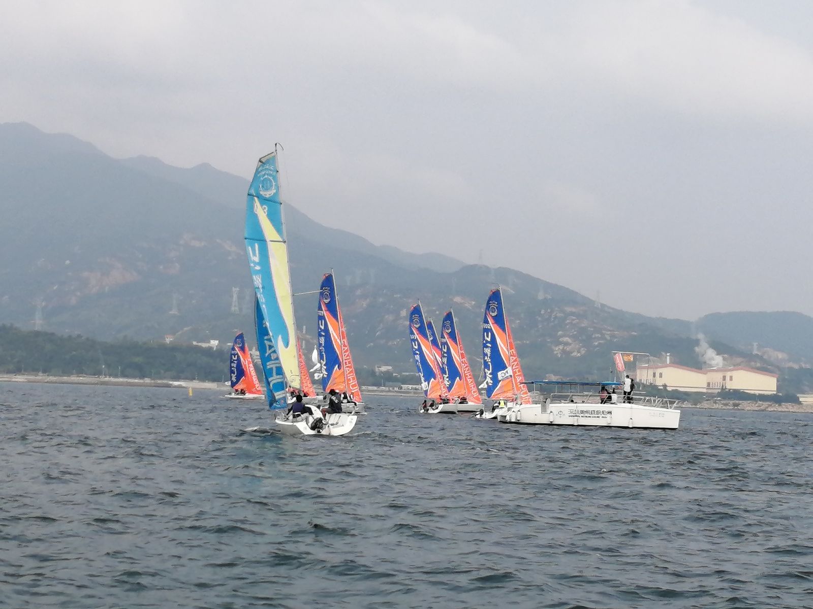 A fleet of colorful dinghy sails and a white catamaran under mountains along an overcast coast